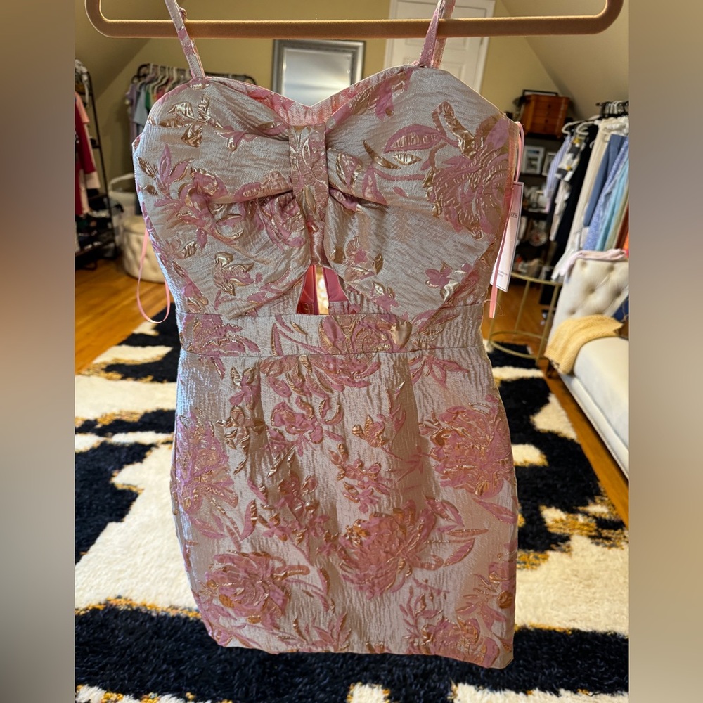 Pink and gold bow mini dress
